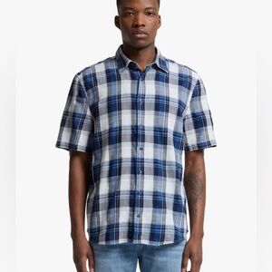 7 for All mankind indigo blue short sleeve button down shirt
